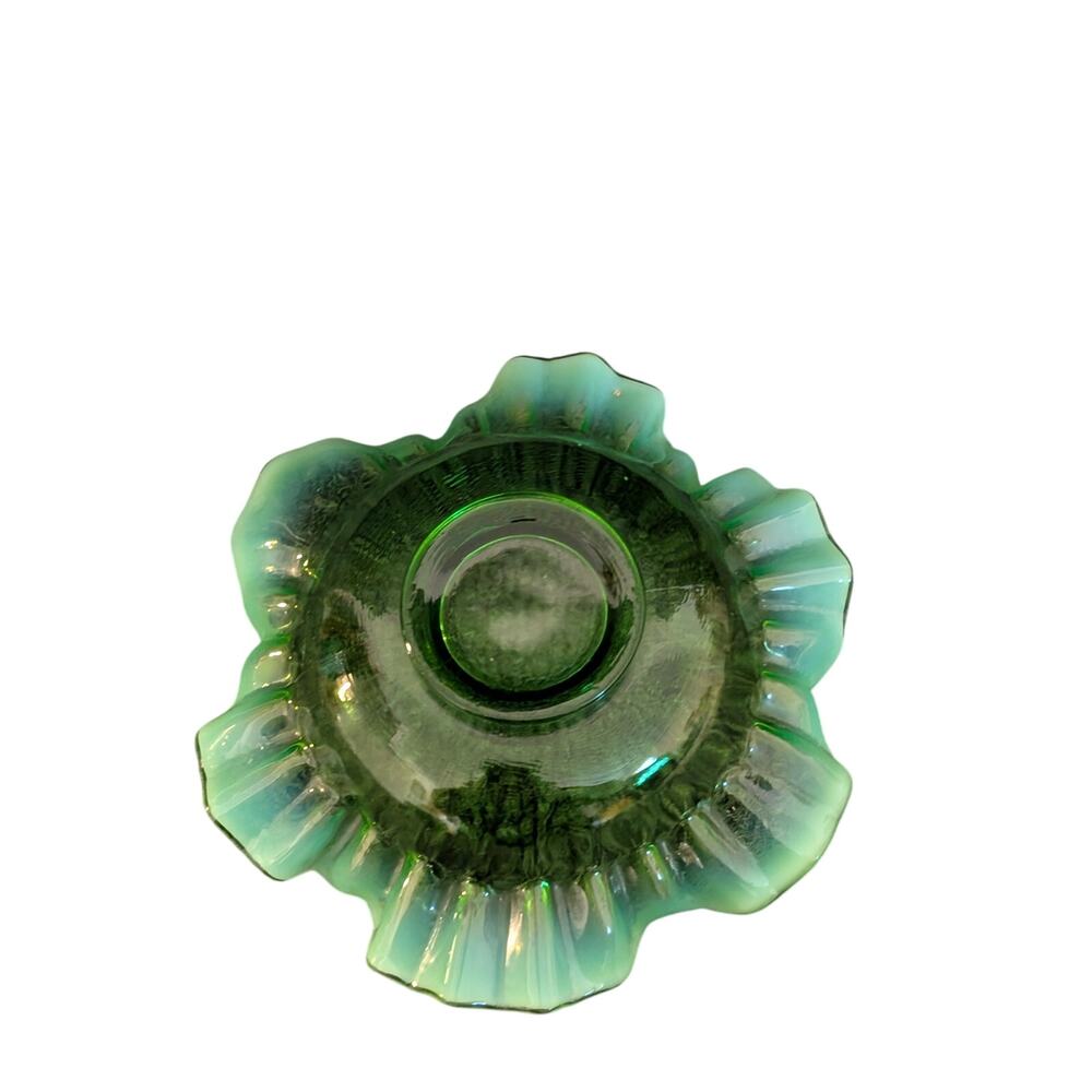 Vintage Green Opalescent Ruffled Edge Fenton Art Glass Bowl -- Read Description - Picture 5 of 16